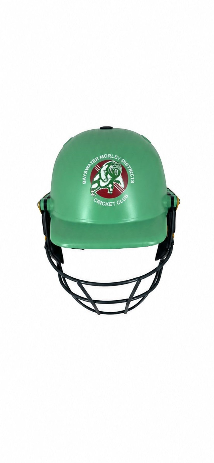 AKS CRICKET professional green cricket helmet with Bayswater Morley Districts Cricket Club logo and steel grille