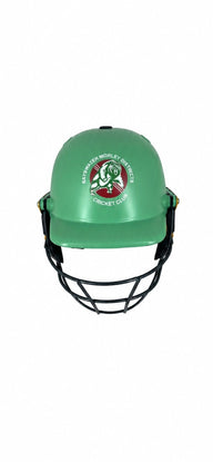 AKS CRICKET professional green cricket helmet with Bayswater Morley Districts Cricket Club logo and steel grille