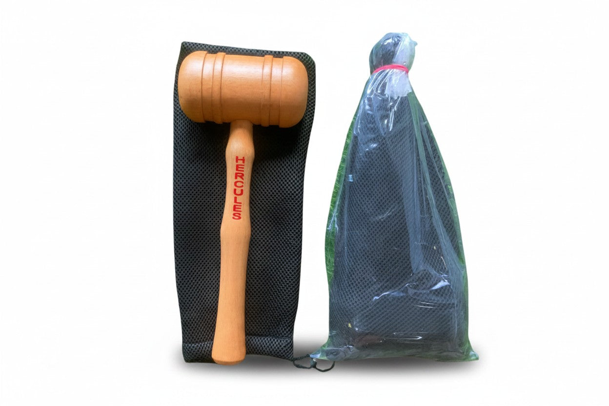 AKS CRICKET Hercules wooden cricket bat mallet for knocking in bats, shown with a black mesh storage bag.