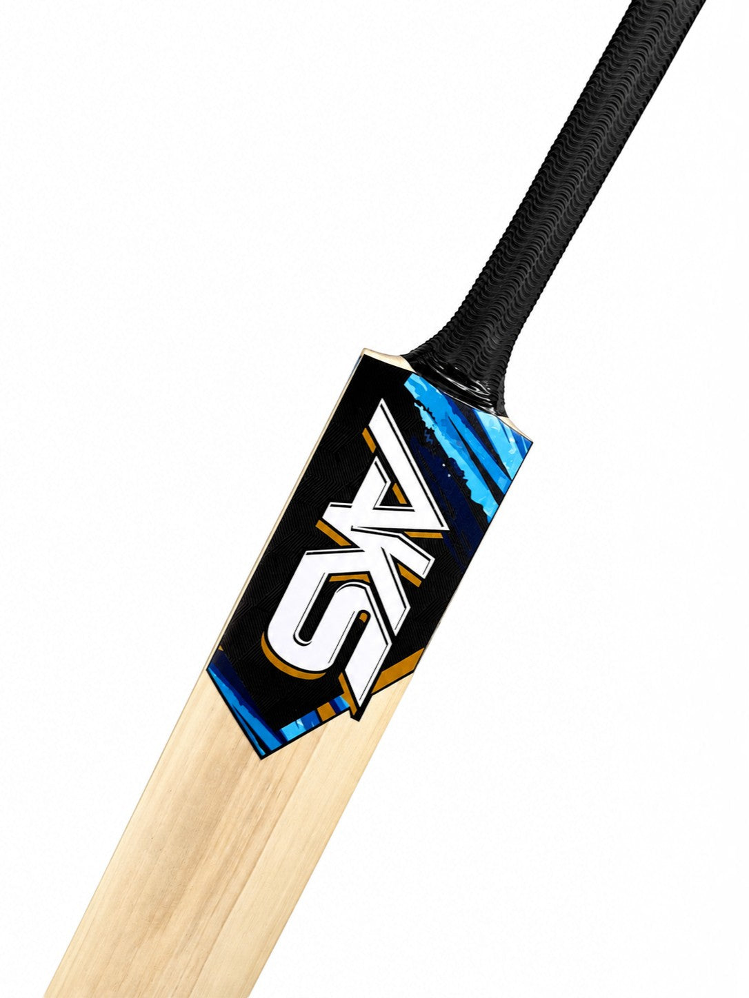 AKS CRICKET indoor cricket bat with natural wood grain and black, blue, and white graphic sticker on the blade.
