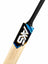 AKS CRICKET indoor cricket bat with natural wood grain and black, blue, and white graphic sticker on the blade.