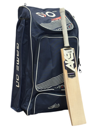 AKS CRICKET Game On junior cricket kit featuring a navy duffle bag and a Rising Star Kashmir Willow cricket bat.