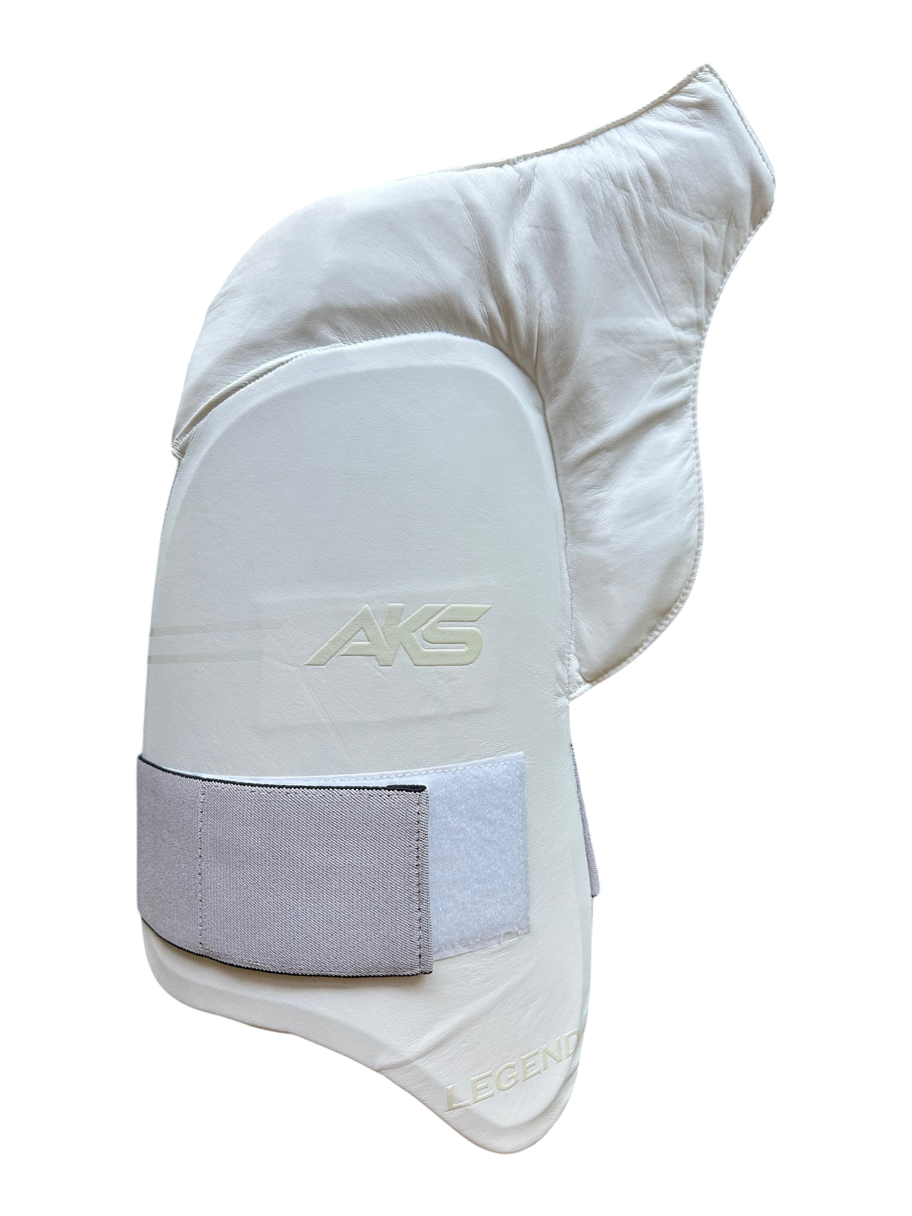 AKS CRICKET Legend thigh pad in white with protective padding and adjustable grey velcro strap for cricket players