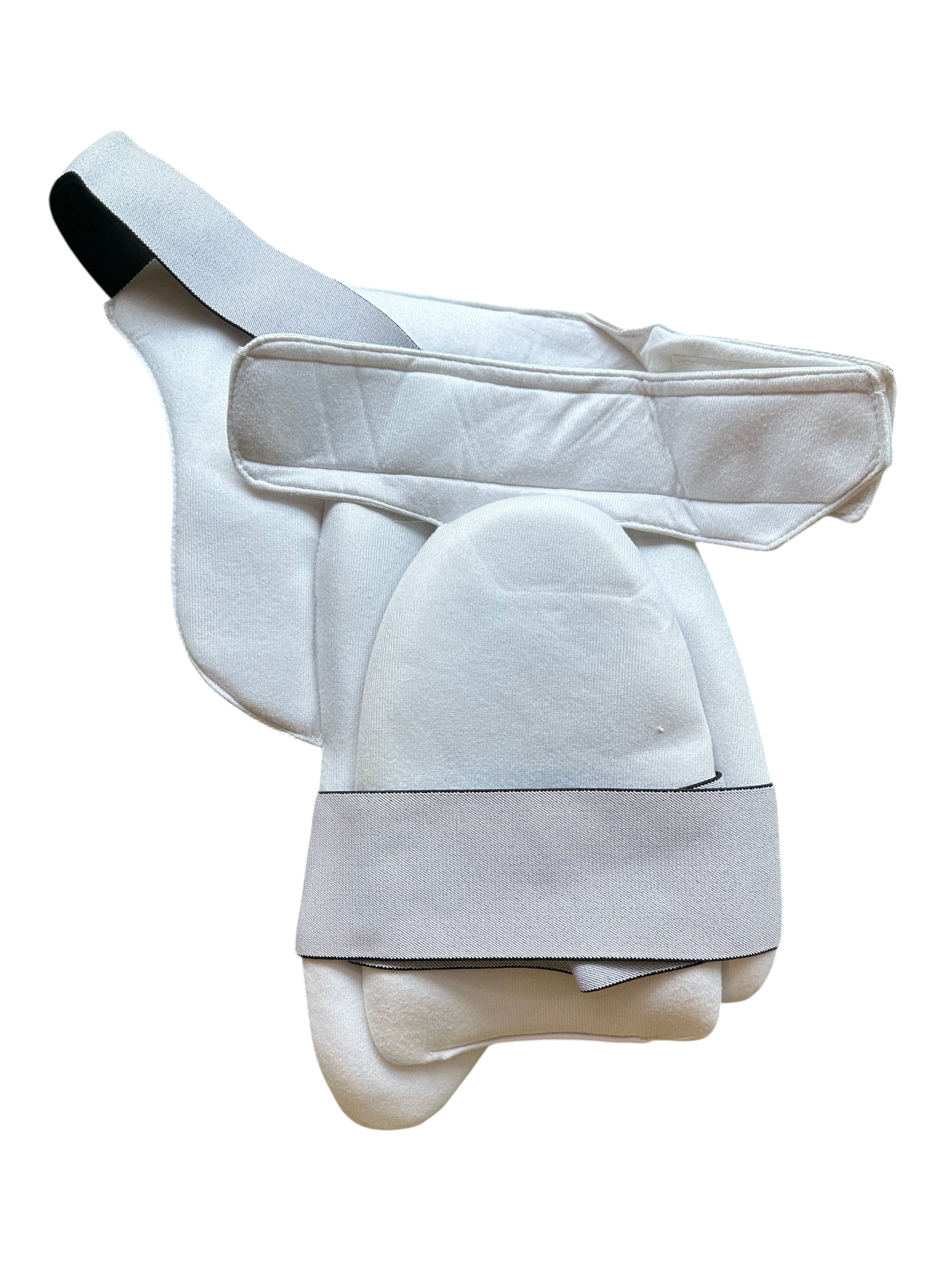 AKS CRICKET Legend thigh pads in white with adjustable elastic straps for cricket protection