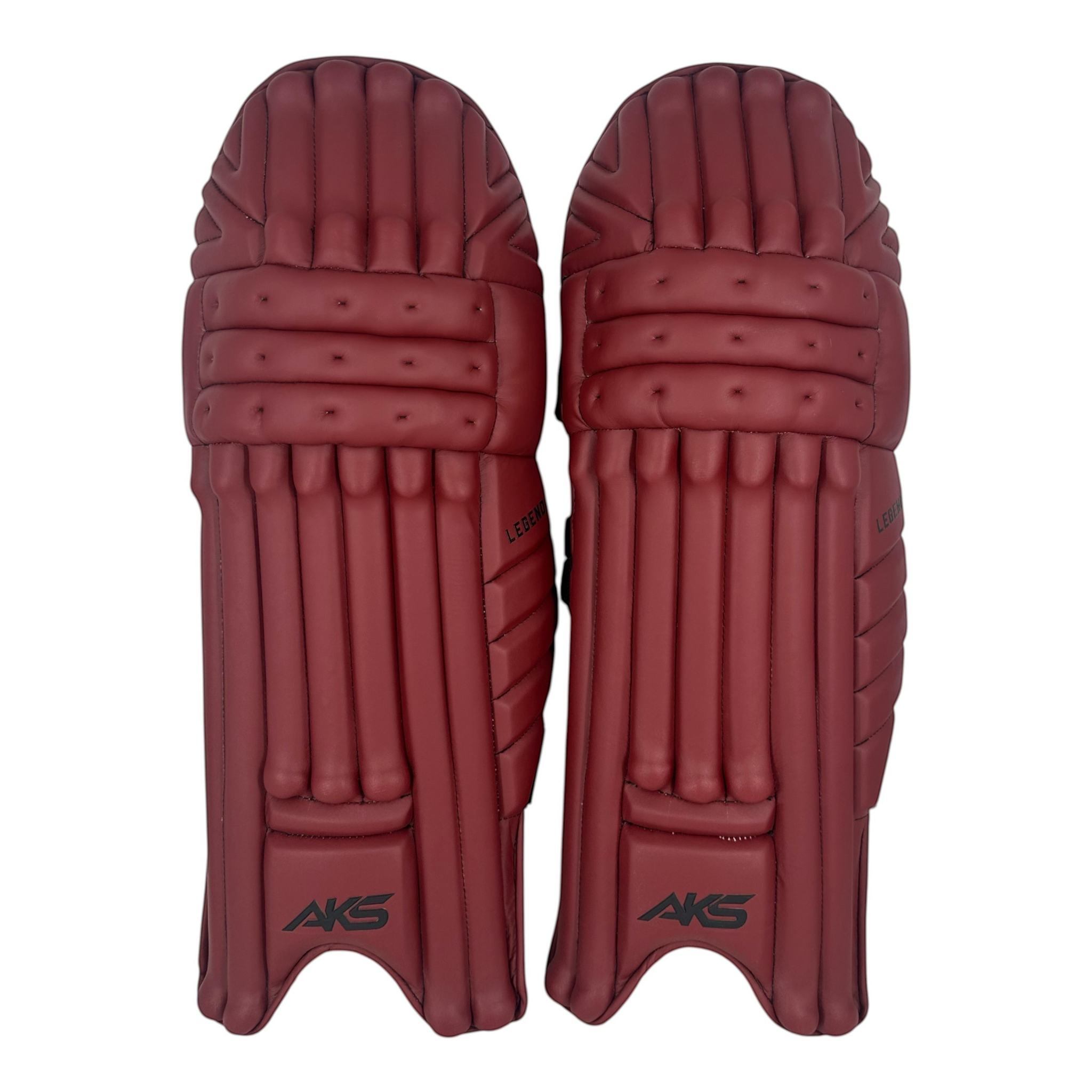 AKS CRICKET Legend maroon batting pads with three-bolster face and moulded knee roll for youth and small men