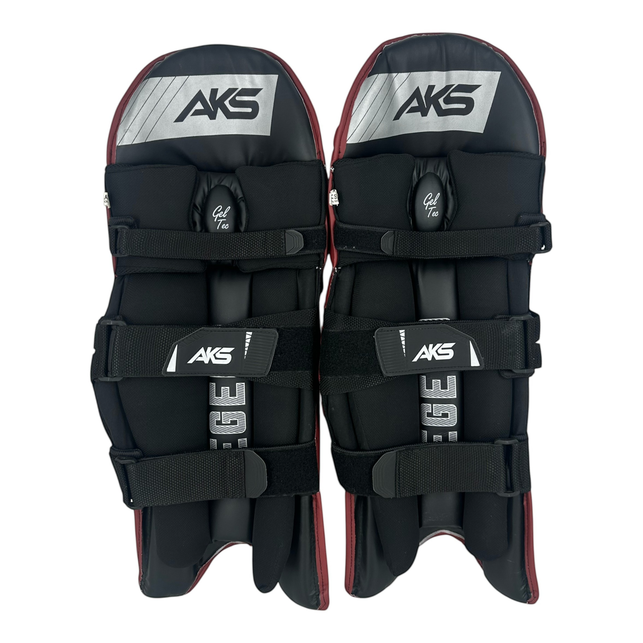 AKS CRICKET Legend batting pads in maroon and black with moulded knee rolls and three-bolster face design.