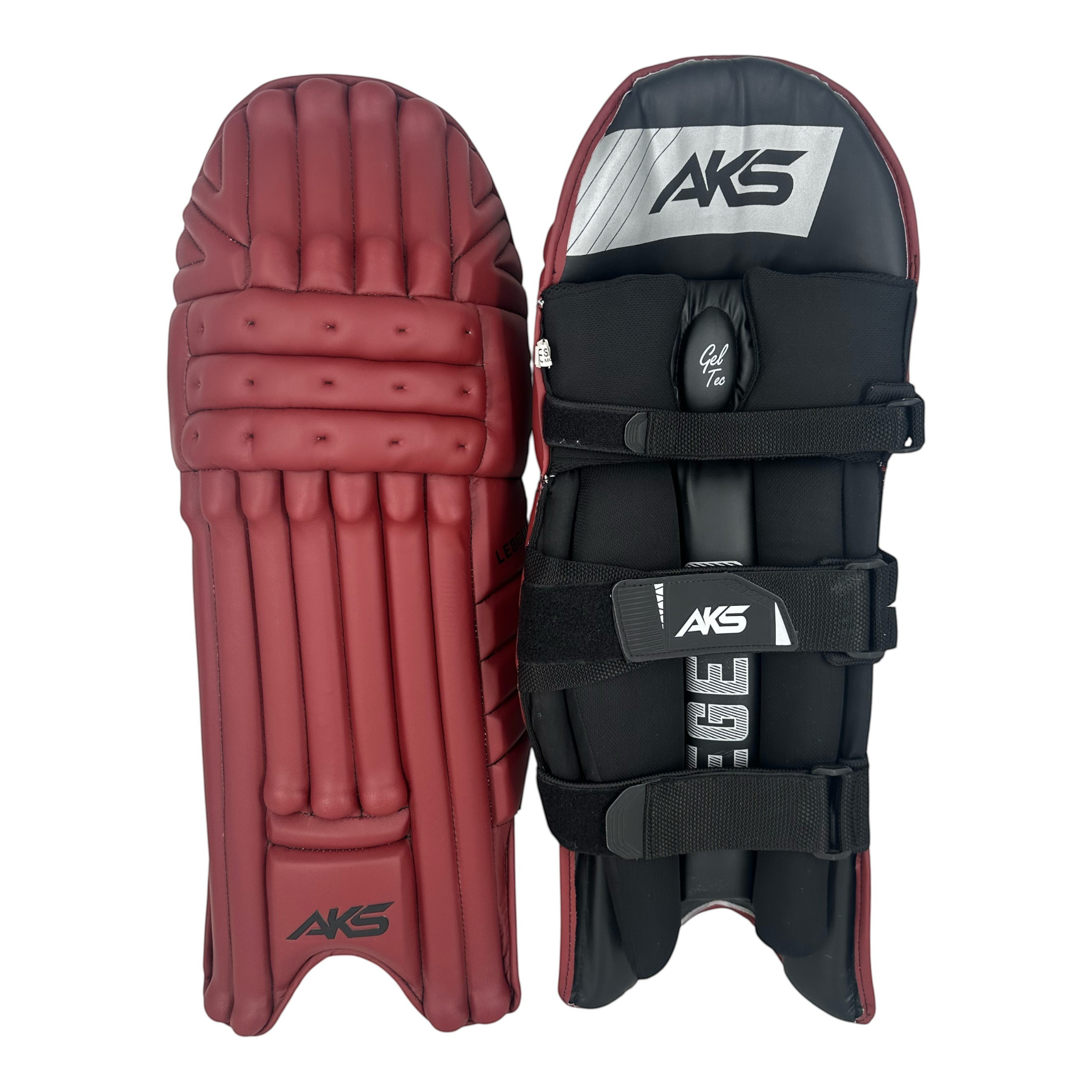 AKS CRICKET Legend maroon batting pads featuring a three-bolster face, moulded knee roll, and black adjustable straps.