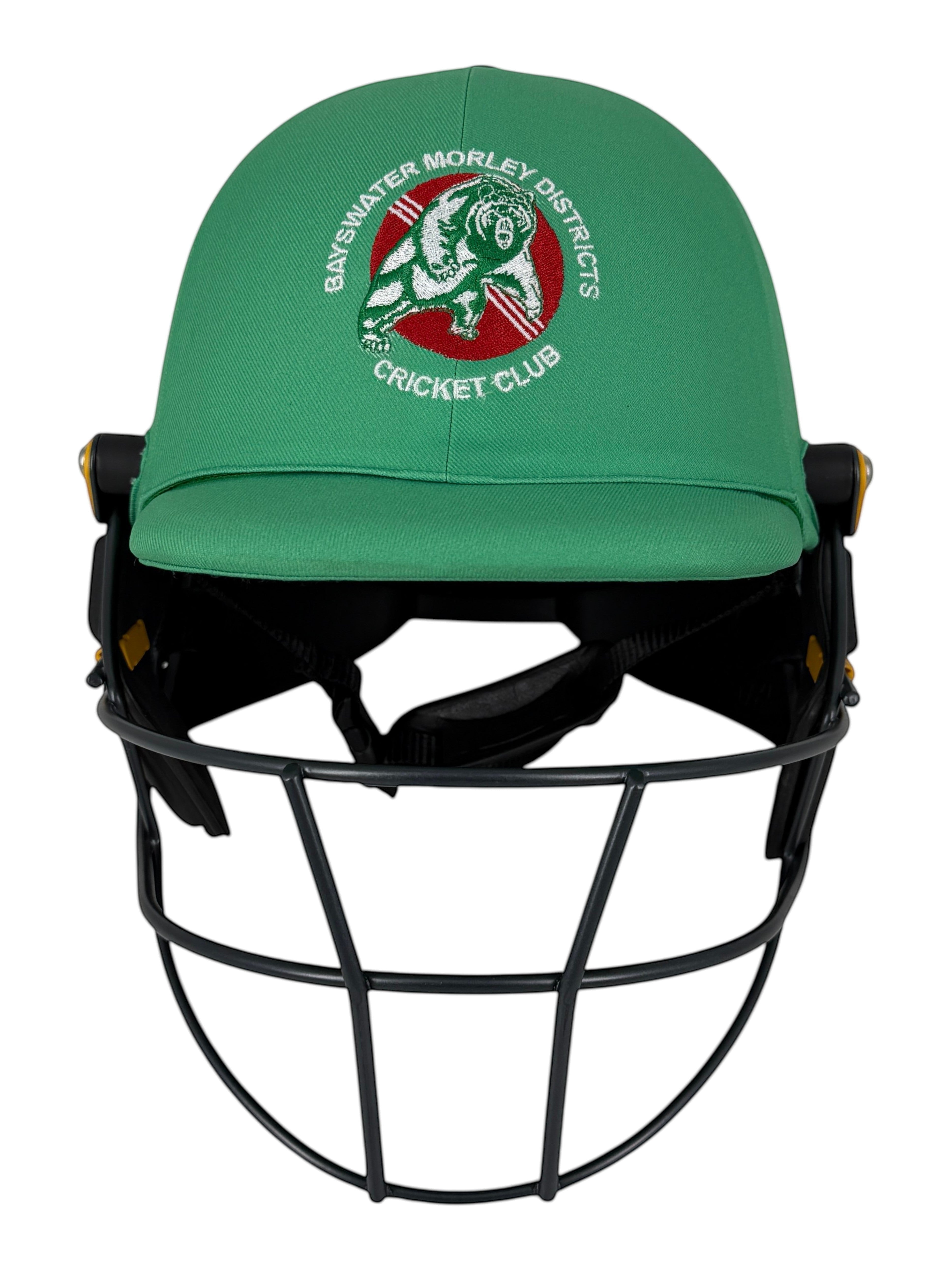 AKS CRICKET Masuri T Line green cricket helmet featuring the Bayswater Morley Cricket Club emblem and steel grille.
