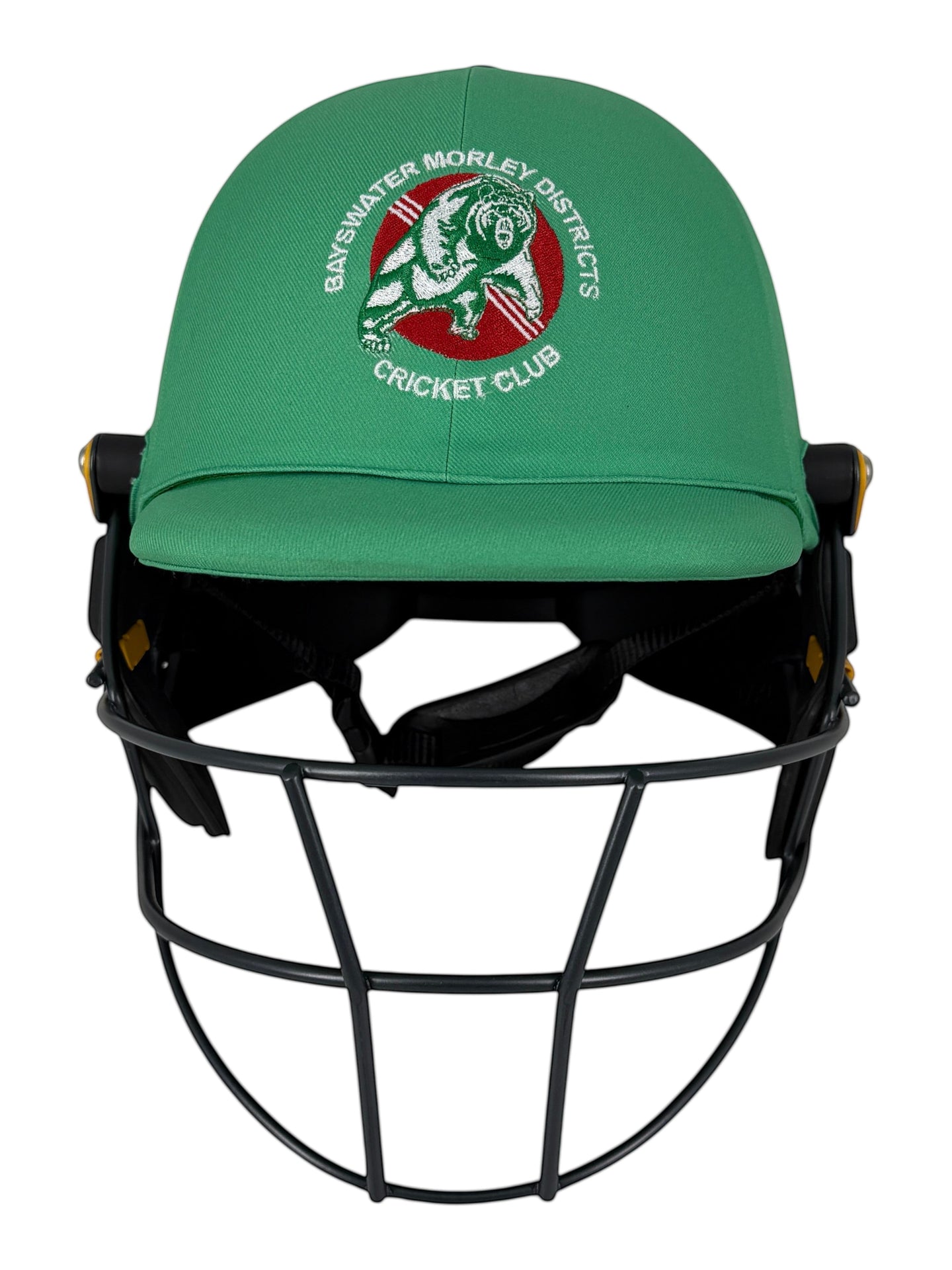 AKS CRICKET Masuri T Line cricket helmet in green with Bayswater Morley club emblem and black steel face guard