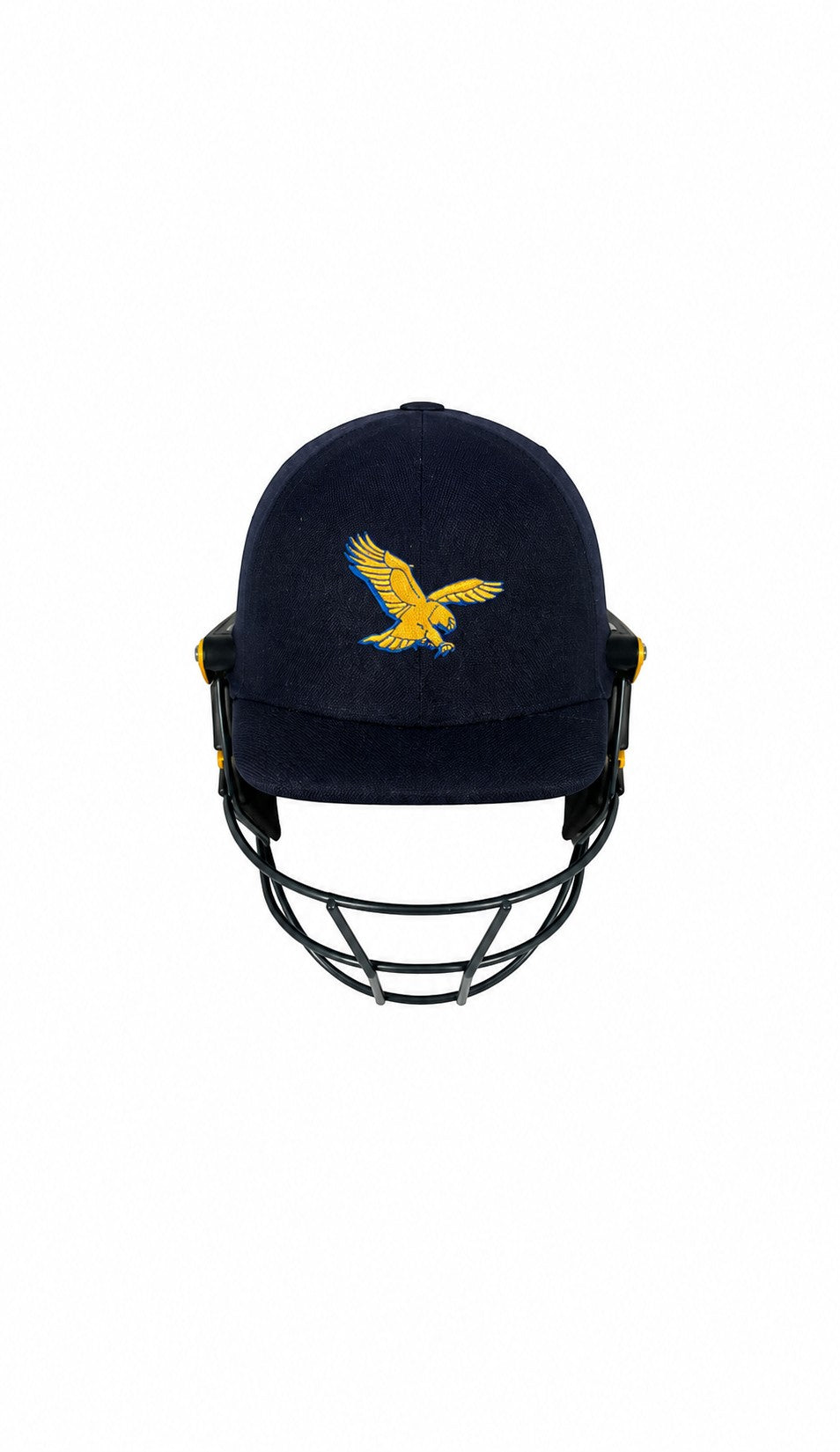 AKS CRICKET professional navy blue cricket helmet with a reinforced steel grille and yellow eagle logo