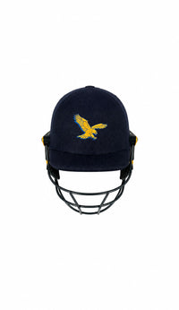AKS CRICKET professional navy blue cricket helmet with a reinforced steel grille and yellow eagle logo