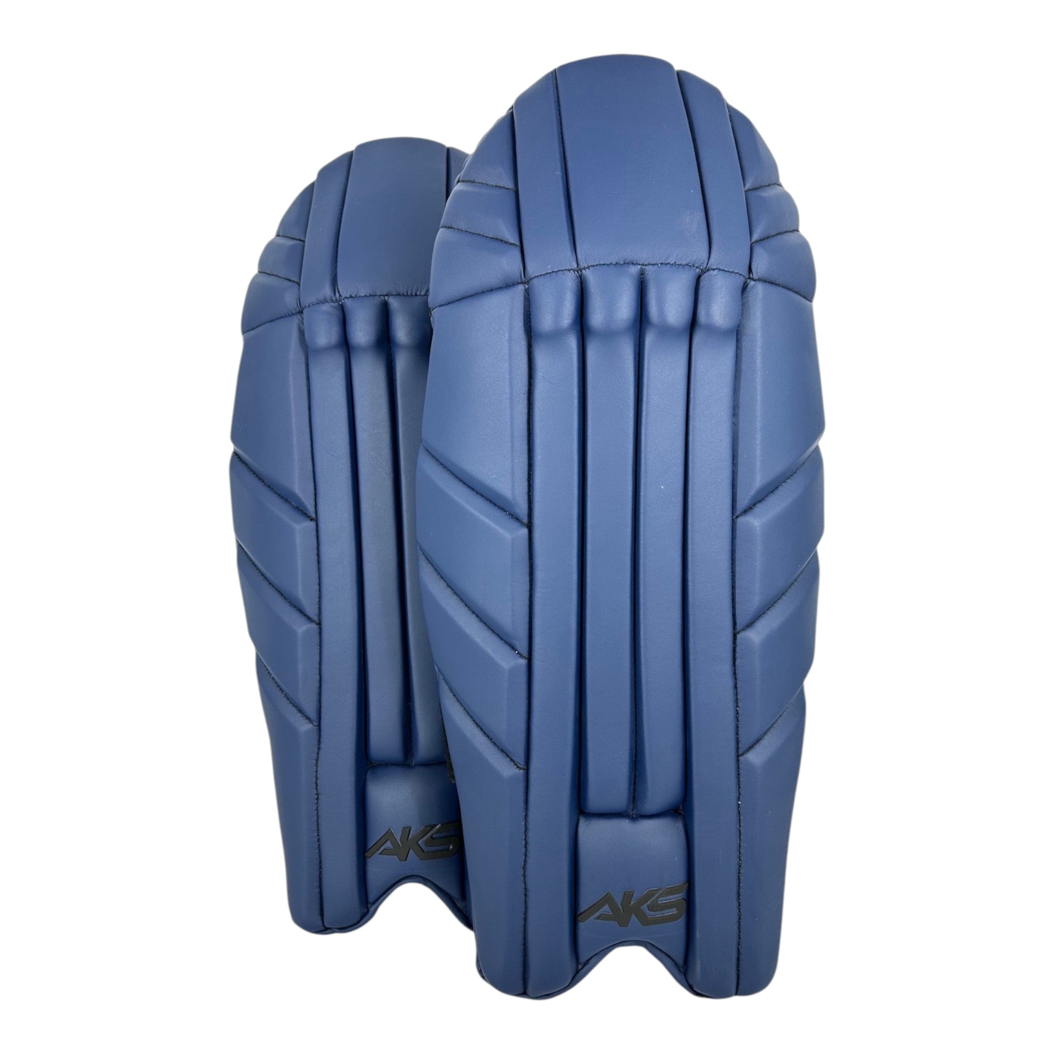 AKS CRICKET navy wicket keeping pads with moulded knee rolls and bolstered insteps for mobile cricket protection.