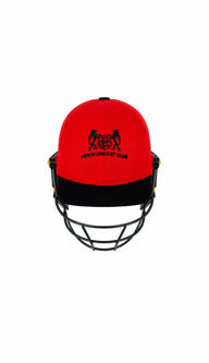 AKS CRICKET Perth Cricket Club protective cricket helmet in red and black with a steel grille and team emblem.