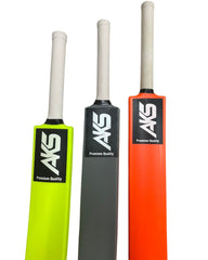 AKS CRICKET plastic cricket bats in neon yellow, grey, and orange with white grips and branded labels