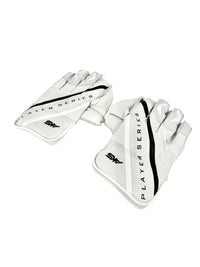 AKS CRICKET Player Series adult wicket keeping gloves in white with black detailing and reinforced padded palms.
