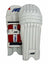 AKS CRICKET Pro Junior white cricket batting pads with red interior padding and secure adjustable straps