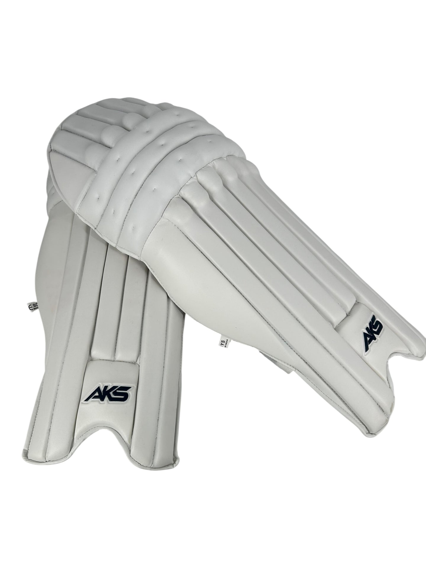 AKS CRICKET Pro Junior white batting pads with high-density foam protection and ergonomic design for young cricketers.