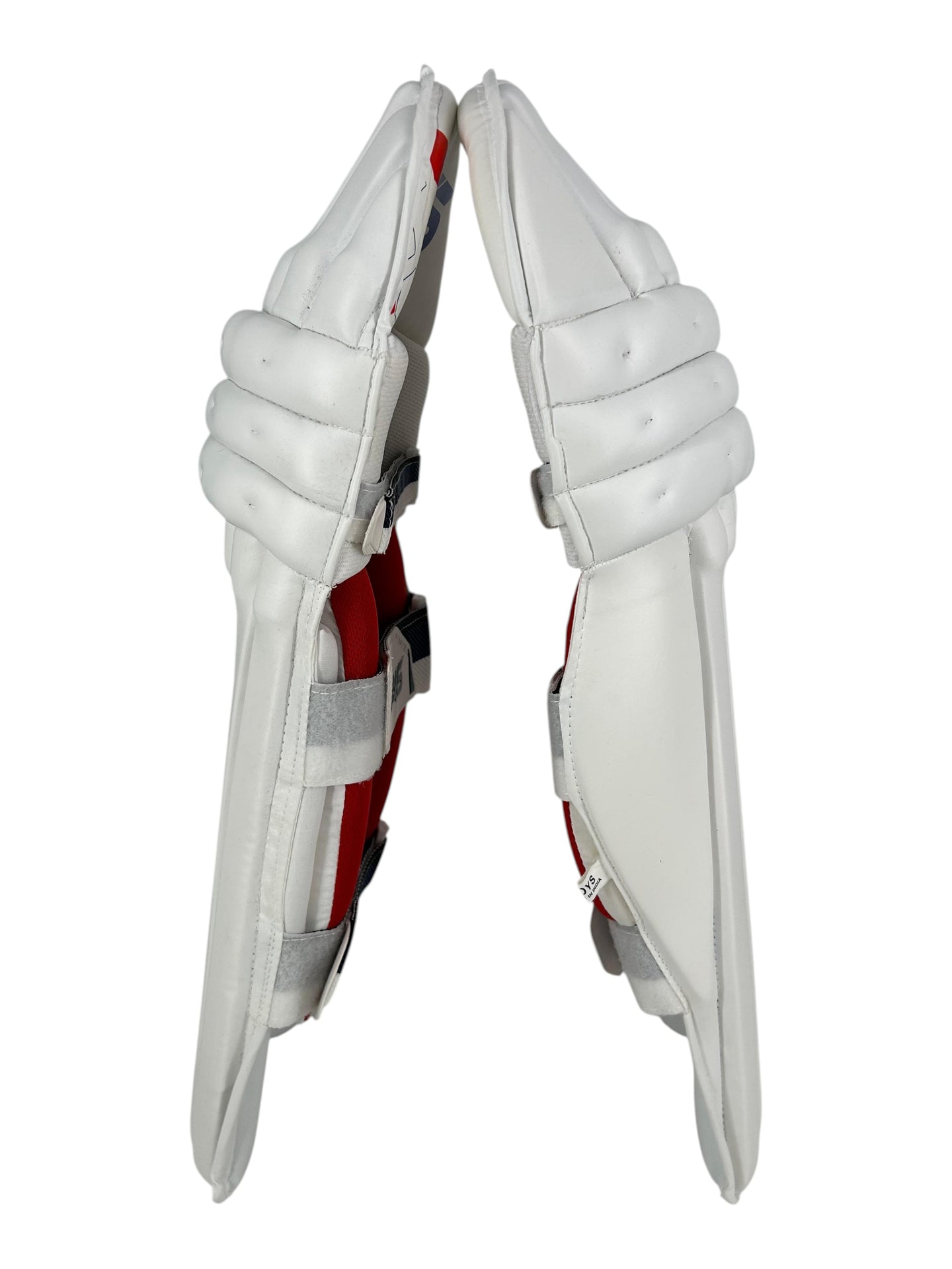 AKS CRICKET Pro Junior white batting pads with high-density foam and adjustable straps for young cricketers.