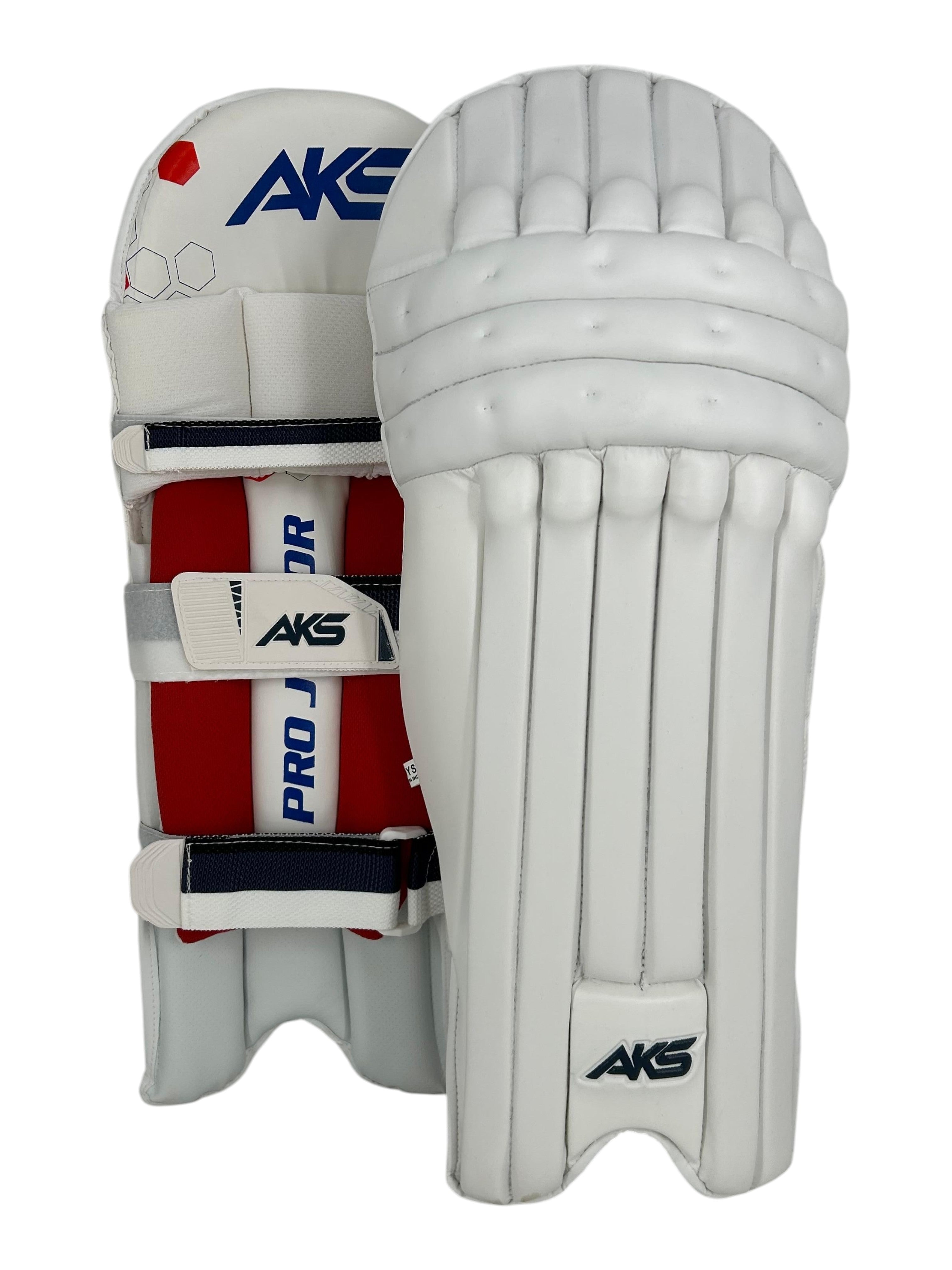 AKS CRICKET Pro Junior white batting pads with high-density foam, reinforced knee protection, and adjustable straps.