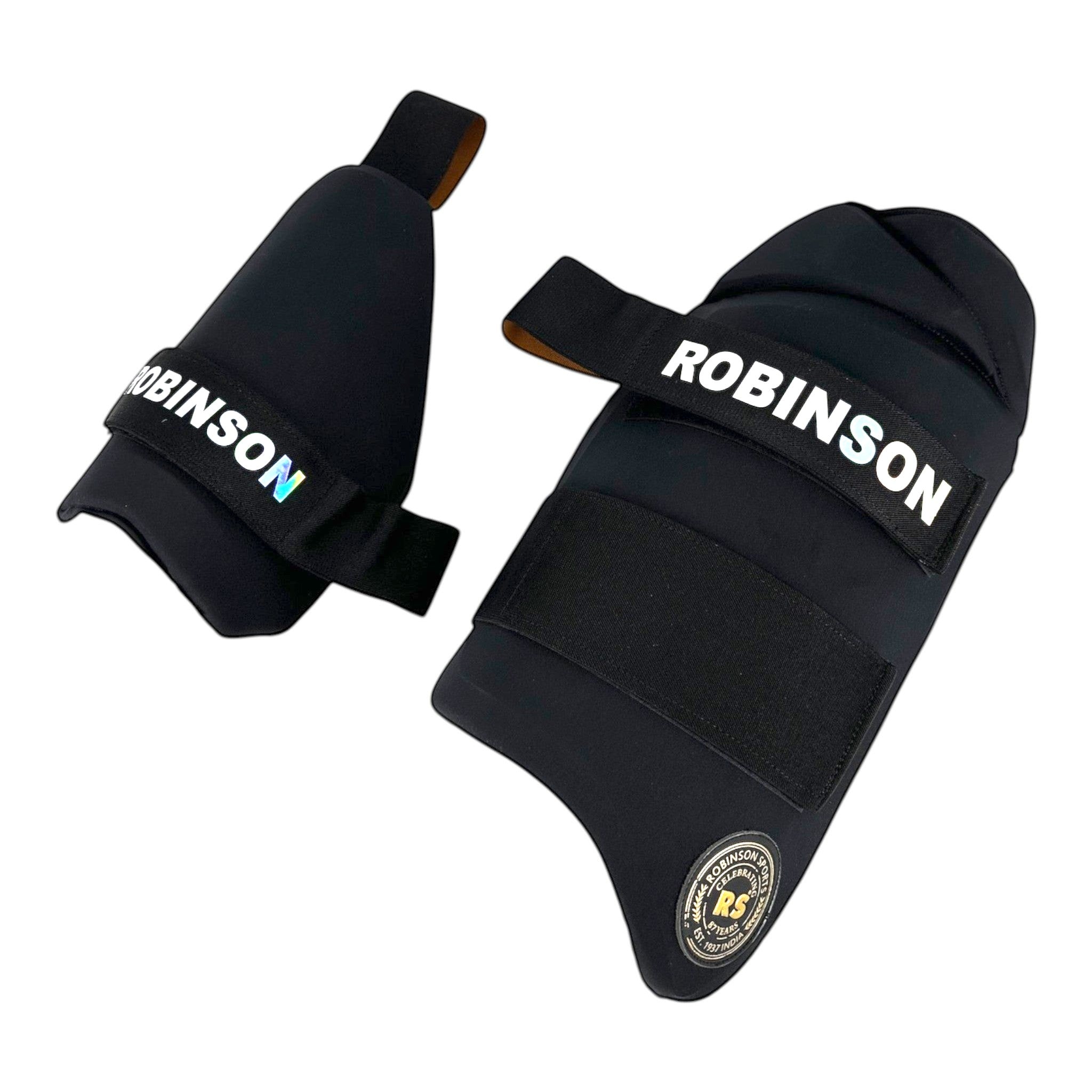AKS CRICKET professional black thigh guard set with impact-resistant padding and holographic branding straps