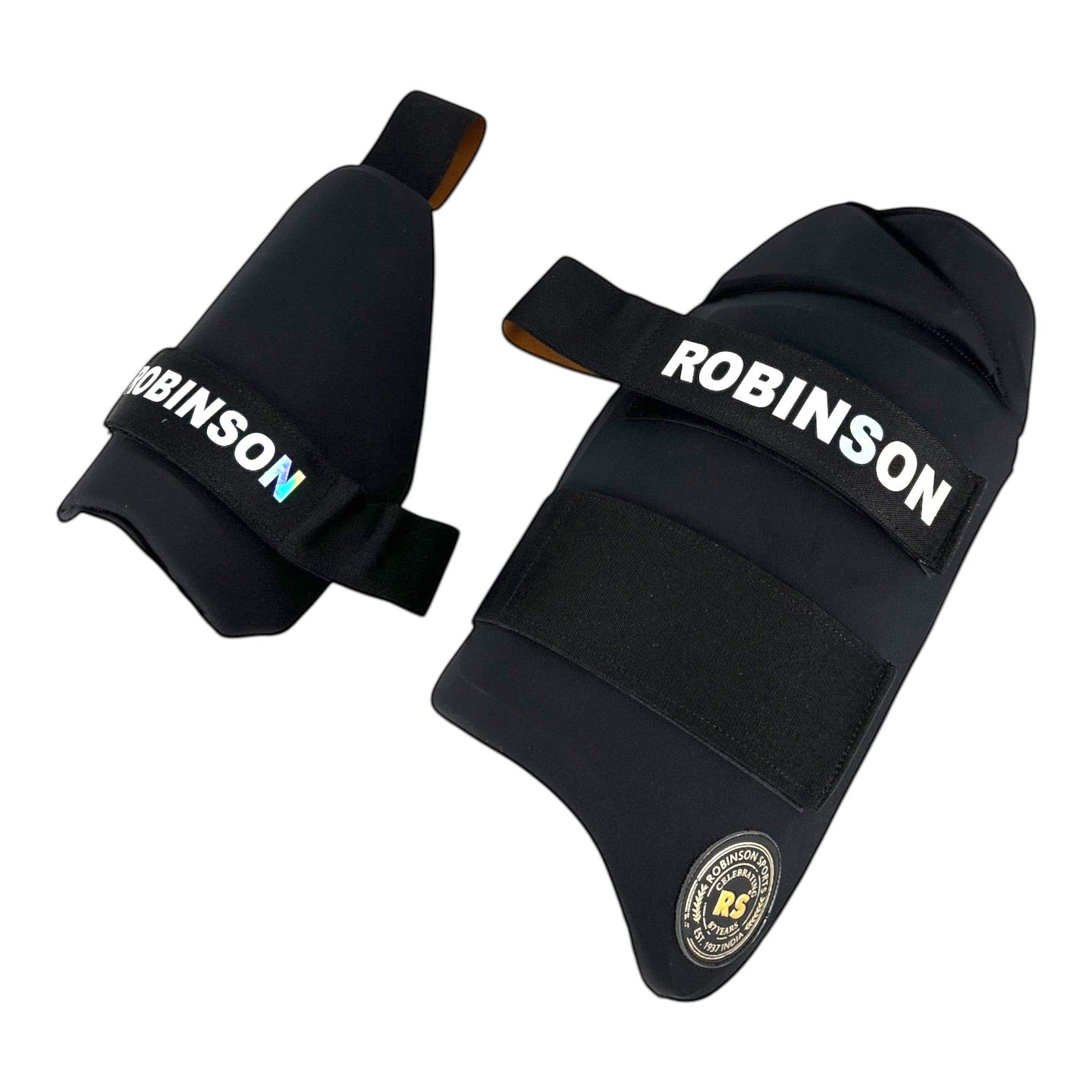 AKS CRICKET professional black thigh guard set with impact-resistant padding and holographic branding straps