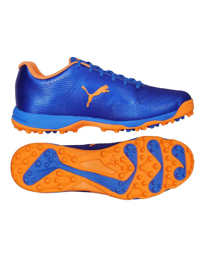 AKS CRICKET Puma 19 FH rubber cricket shoes in bluemazing blue and orange glow with mesh upper and rubber spikes