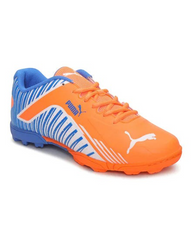 AKS CRICKET PUMA evoSPEED JR V2 cricket shoes in orange and blue with synthetic mesh upper and rubber traction sole