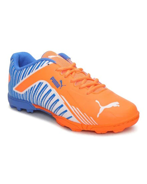 AKS CRICKET PUMA evoSPEED JR V2 cricket shoes in orange and blue with synthetic mesh upper and rubber traction sole
