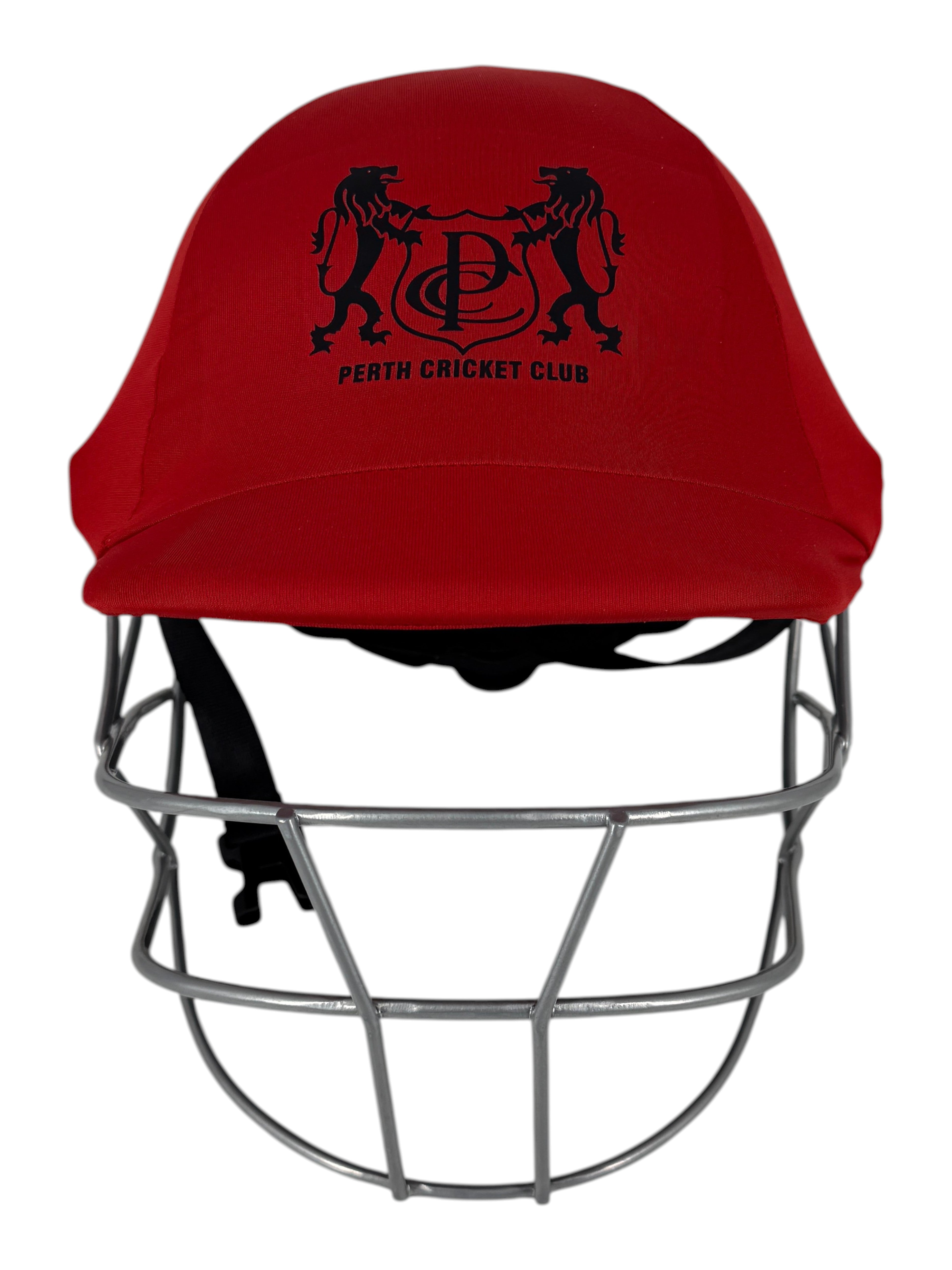 AKS CRICKET Perth Cricket Club red helmet cover with black logo and protective steel grill