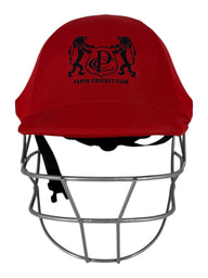 AKS CRICKET Perth Cricket Club red helmet cover with black logo and protective steel grill
