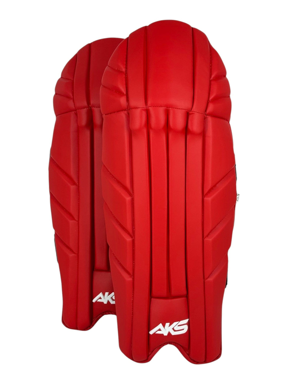 AKS CRICKET red wicket keeping pads with moulded knee rolls and bolstered insteps for lightweight agility
