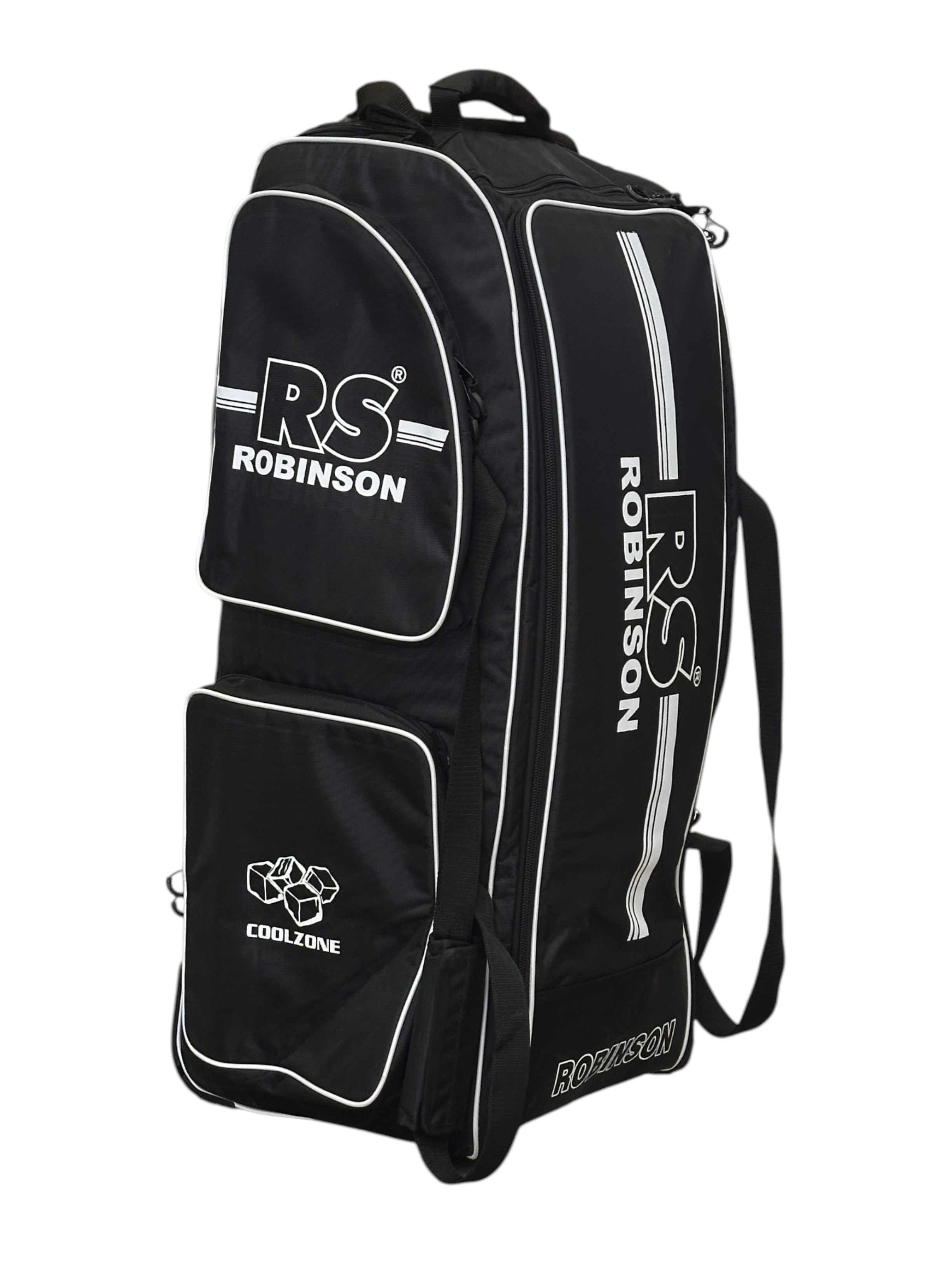 AKS CRICKET Robinson RS Signature black wheelie cricket duffle bag with white trim and Coolzone compartment