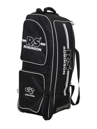 AKS CRICKET Robinson RS Signature black wheelie cricket duffle bag with white trim and Coolzone compartment