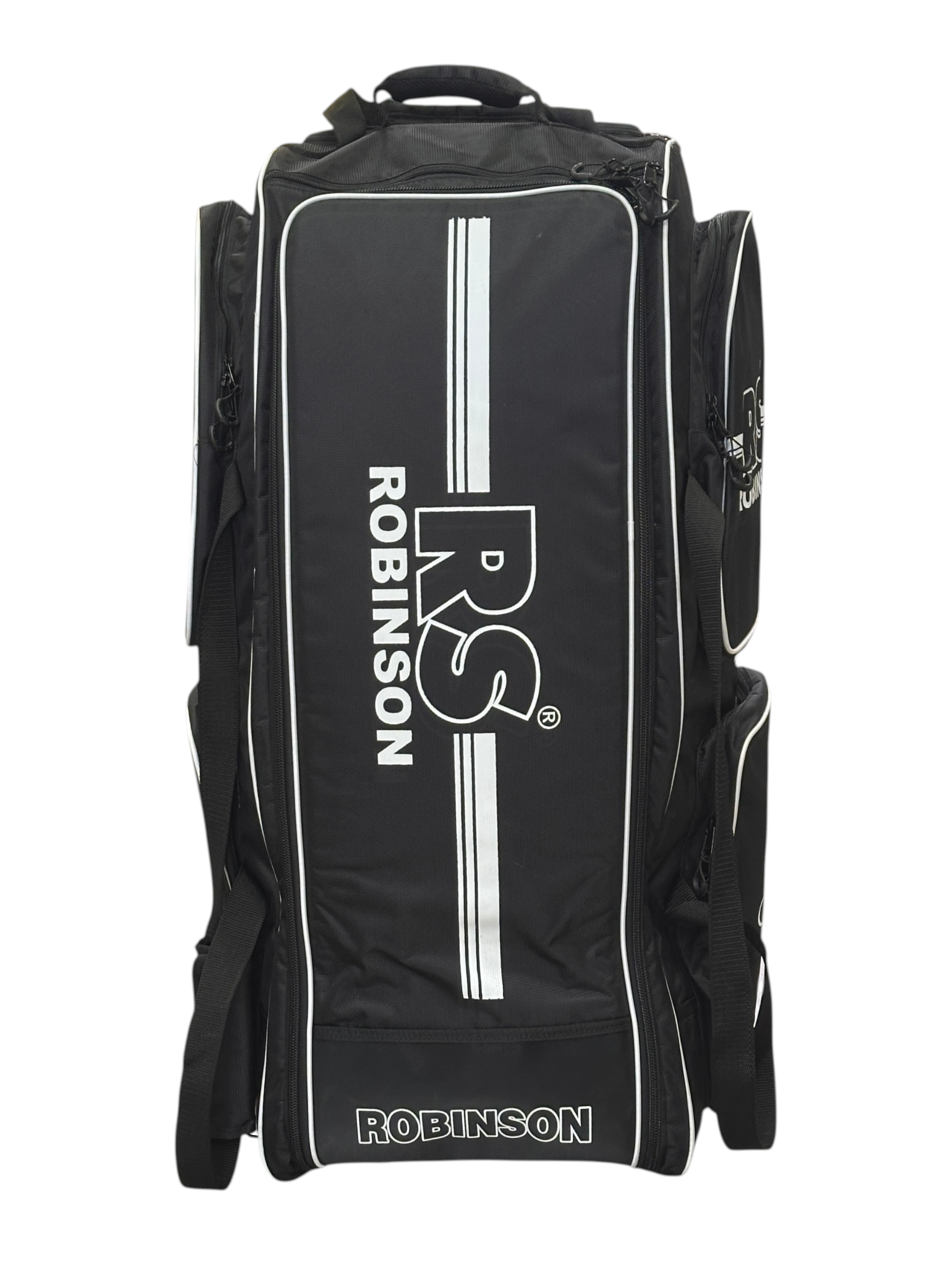 AKS CRICKET Robinson RS Signature black wheelie cricket duffle bag with white logo and side pockets