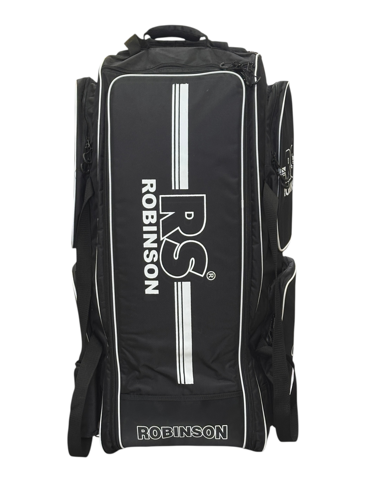AKS CRICKET Robinson RS Signature black wheelie cricket duffle bag with white logo and side pockets