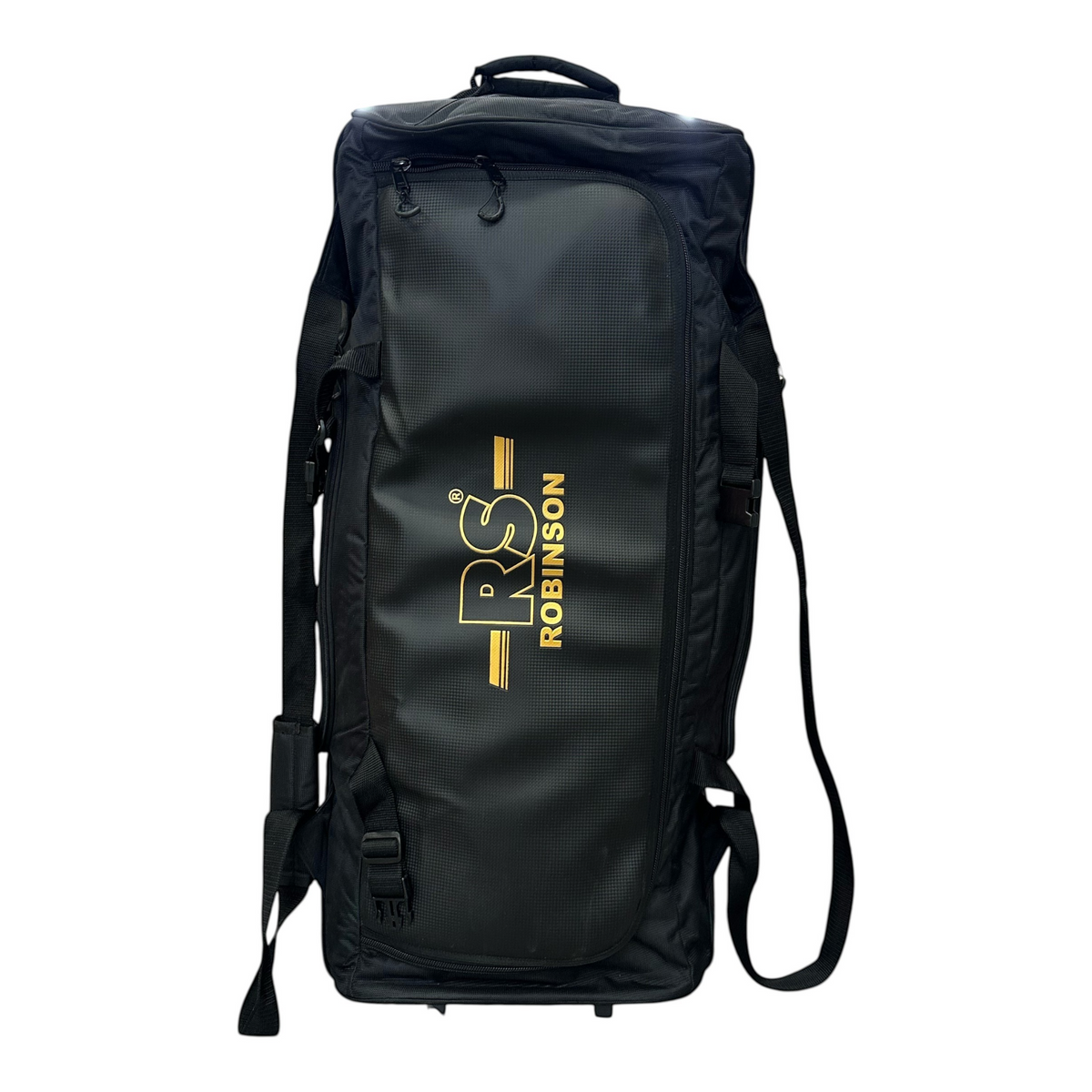 AKS CRICKET Robinson RS Signature black cricket bag with three wheels and a separate boot compartment