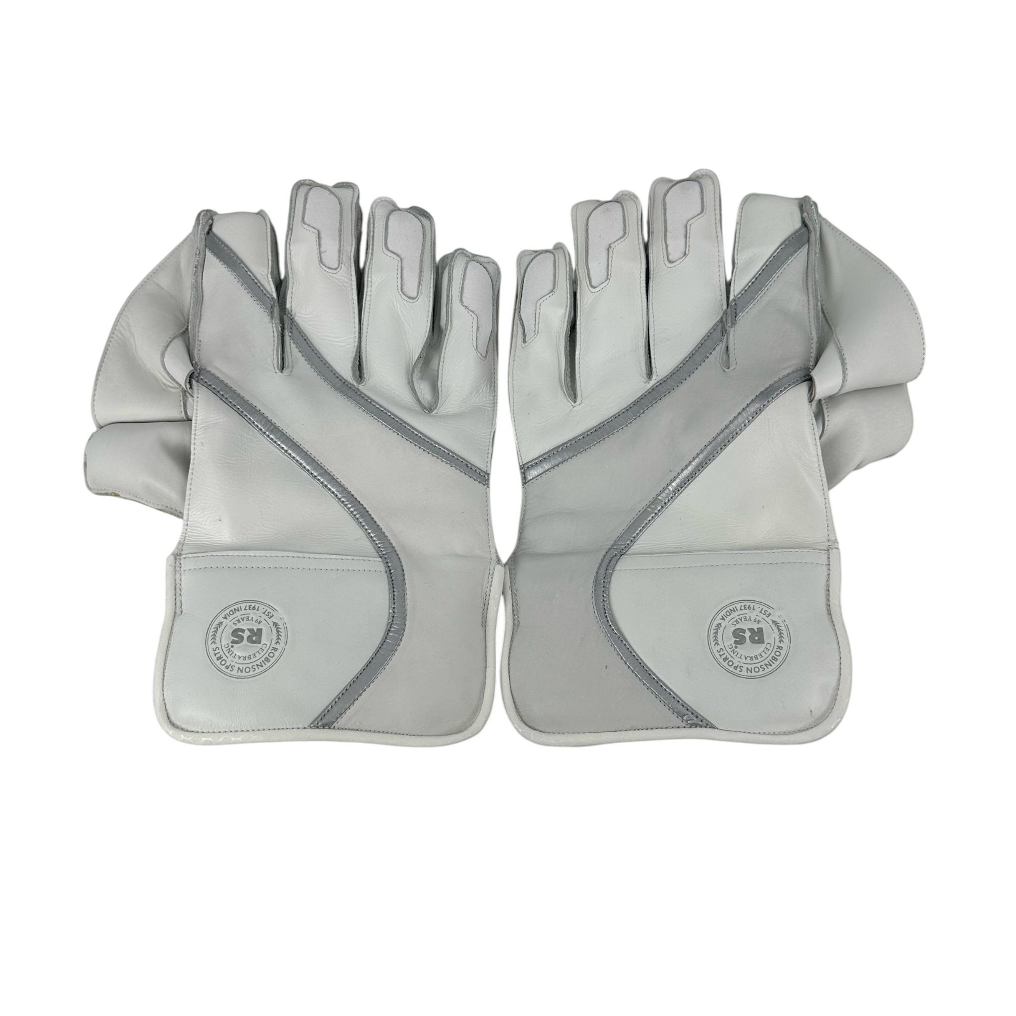 AKS CRICKET Robinson Sapphire wicket keeping gloves in grey leather with a firm palm design for cricket players