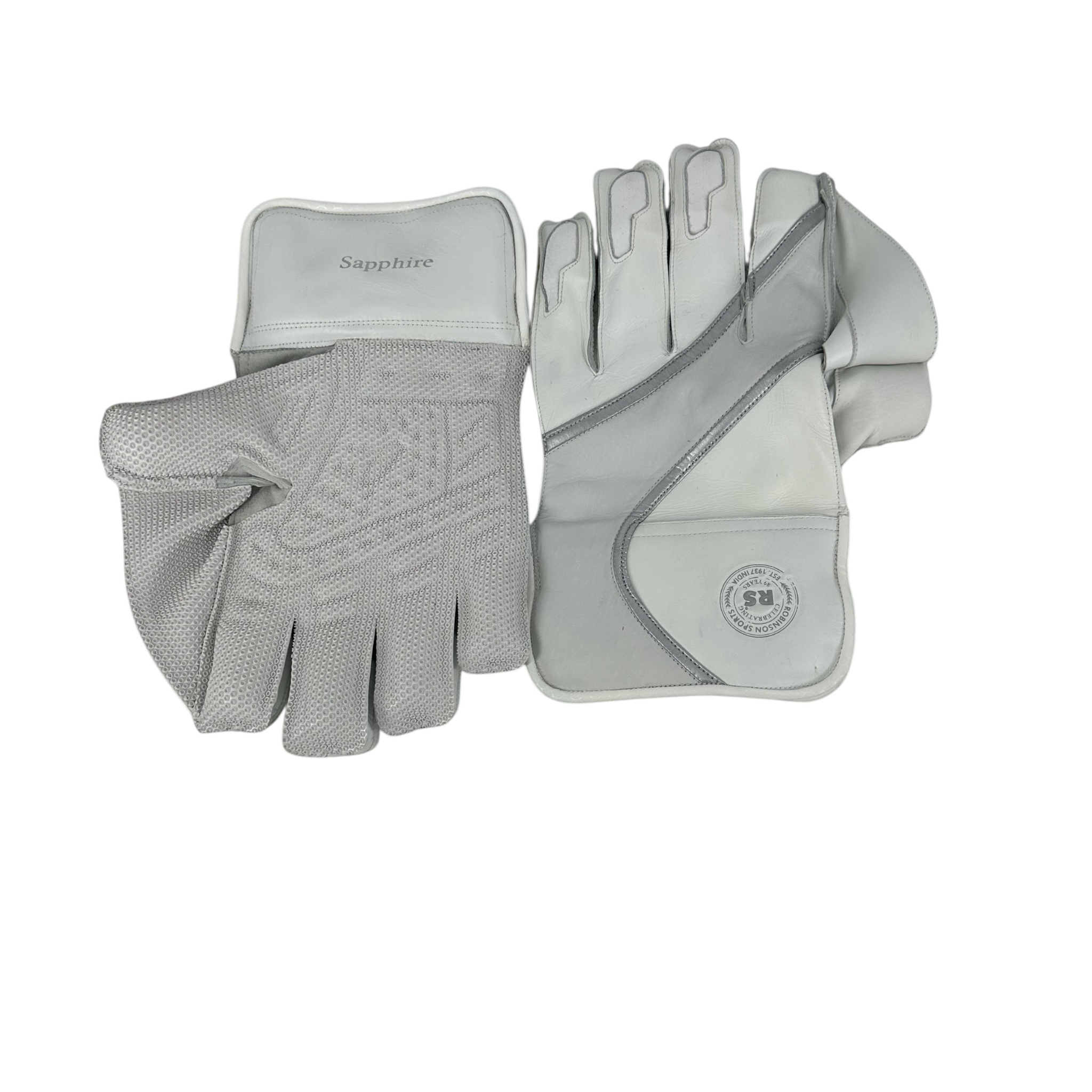AKS CRICKET Robinson Sapphire wicket keeping gloves in grey and white with a firm palm and mesh back design.