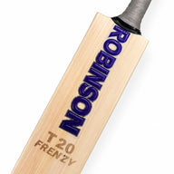 AKS CRICKET Robinson T20 Frenzy cricket bat with natural wood grain and bold purple branding on a white background