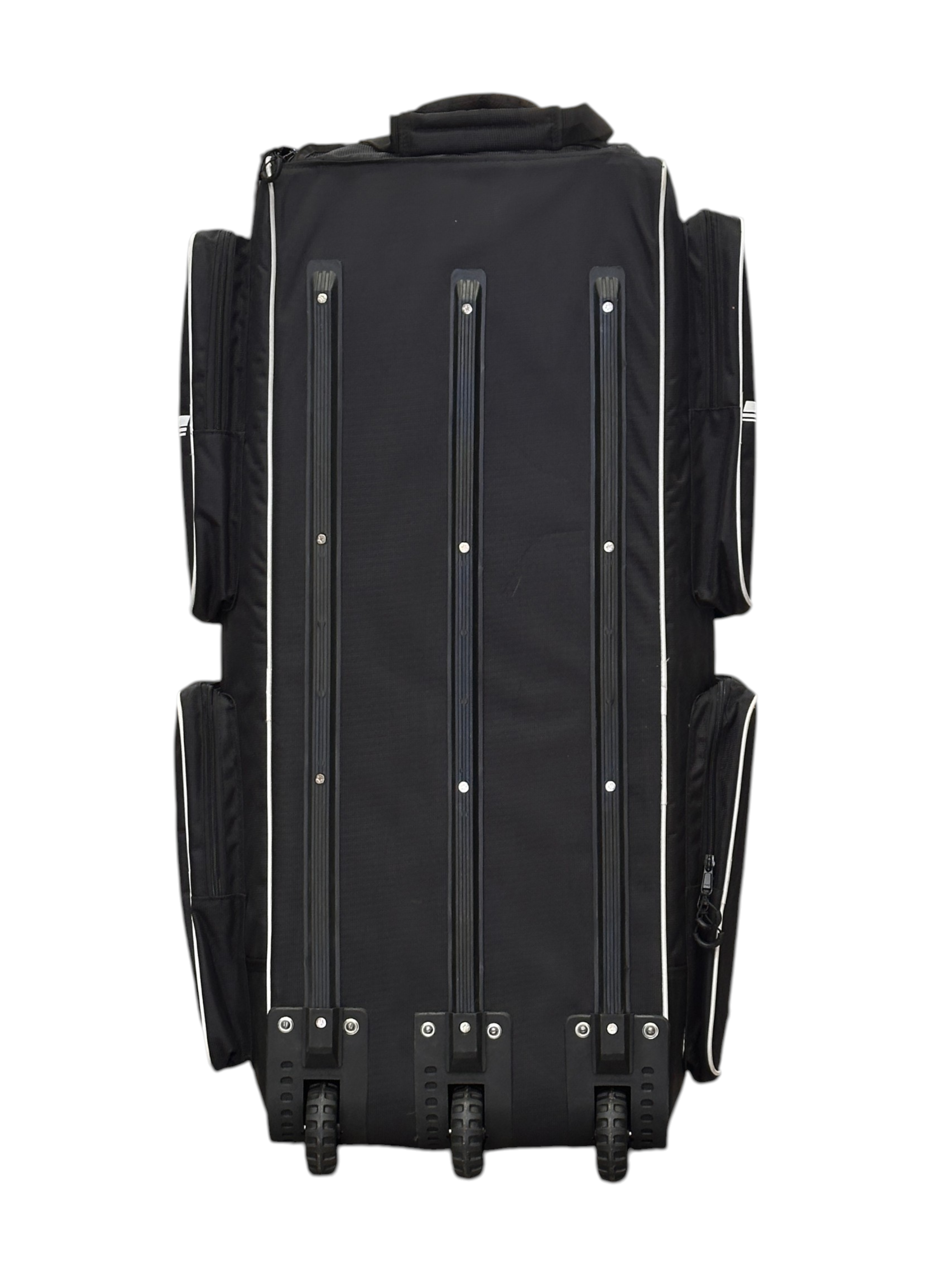 AKS CRICKET Robinson Signature wheelie cricket duffle bag in black with sturdy wheels, standing in a sports shop.