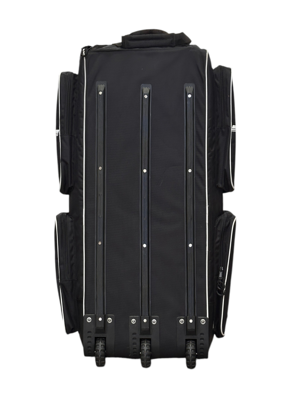 AKS CRICKET Robinson Signature wheelie cricket duffle bag in black with sturdy wheels, standing in a sports shop.