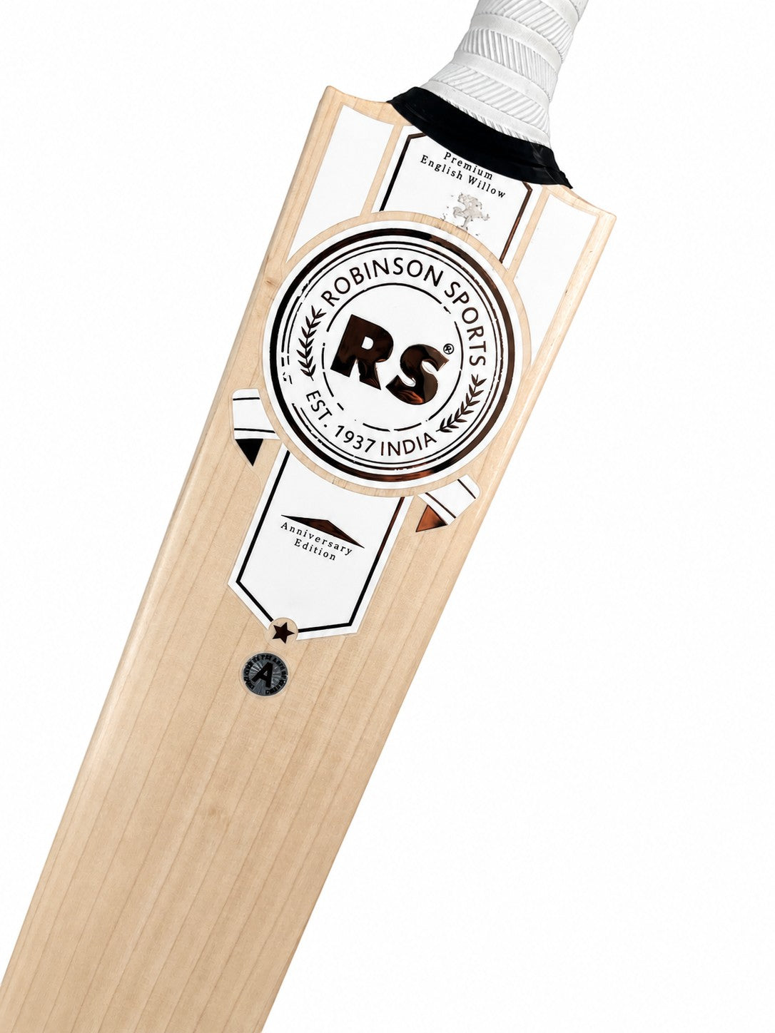 AKS CRICKET RS Anniversary Edition English willow cricket bat with premium wood grain and branded logo detailing.