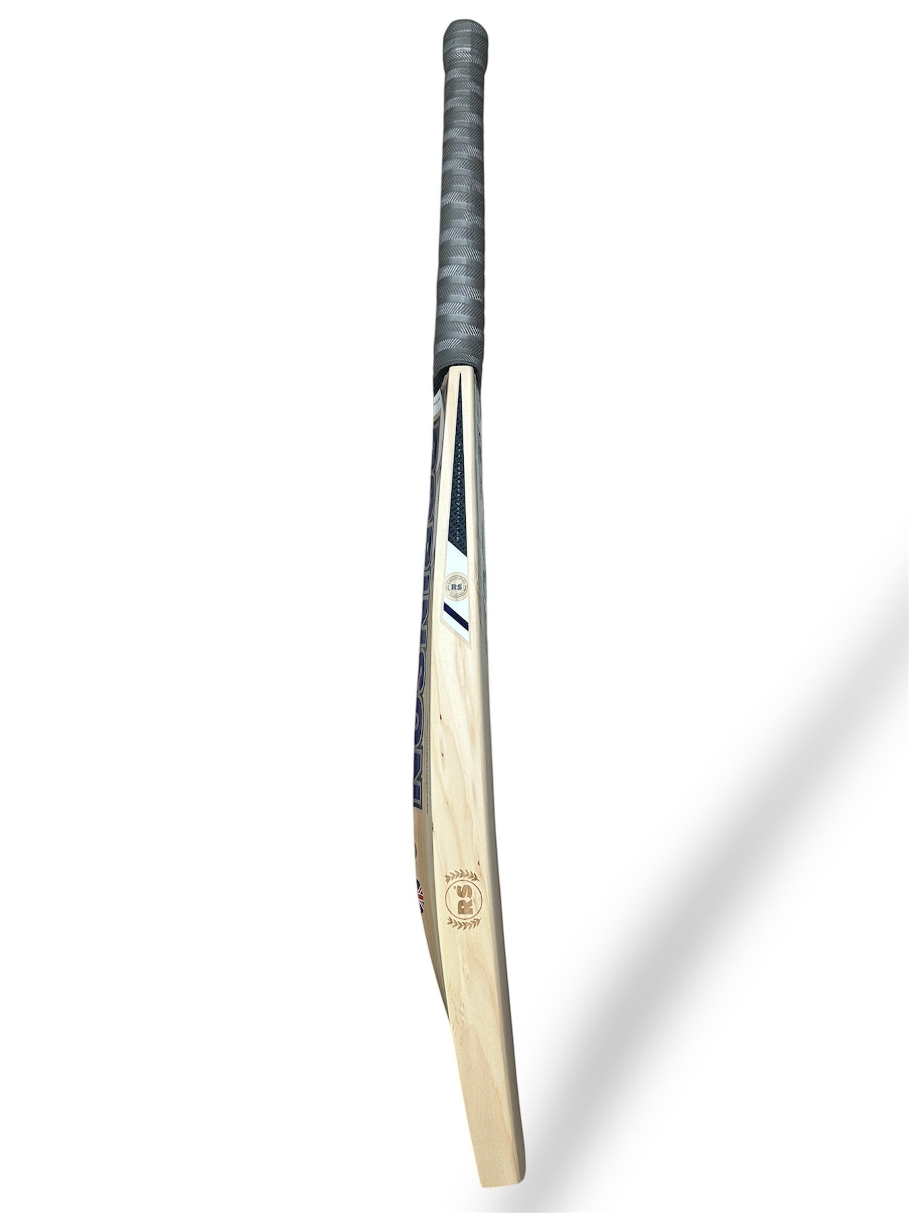 Robinson RS Sensation English willow cricket bat, side profile showing balanced blade and grey grip