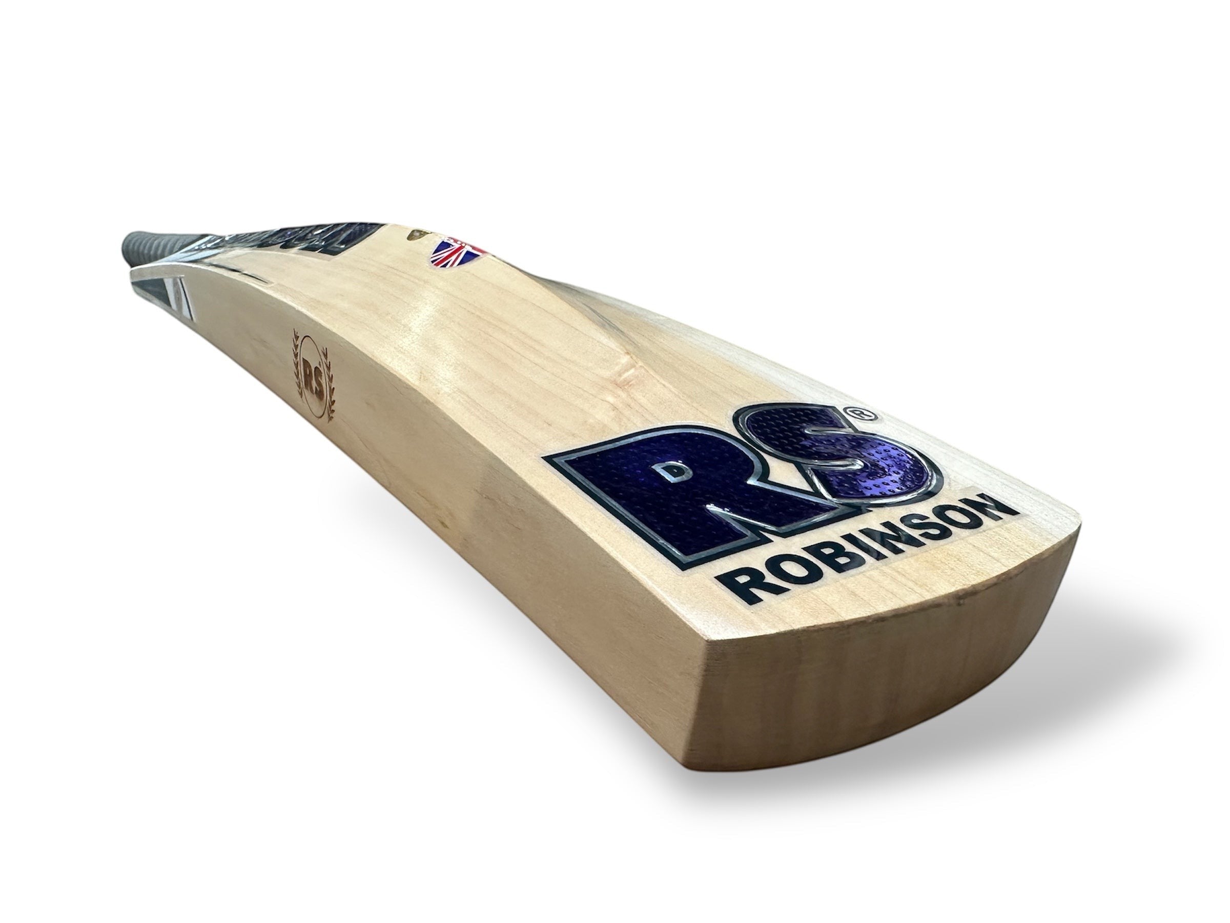Robinson  Sensation English willow cricket bat with blue branding and a natural wood finish