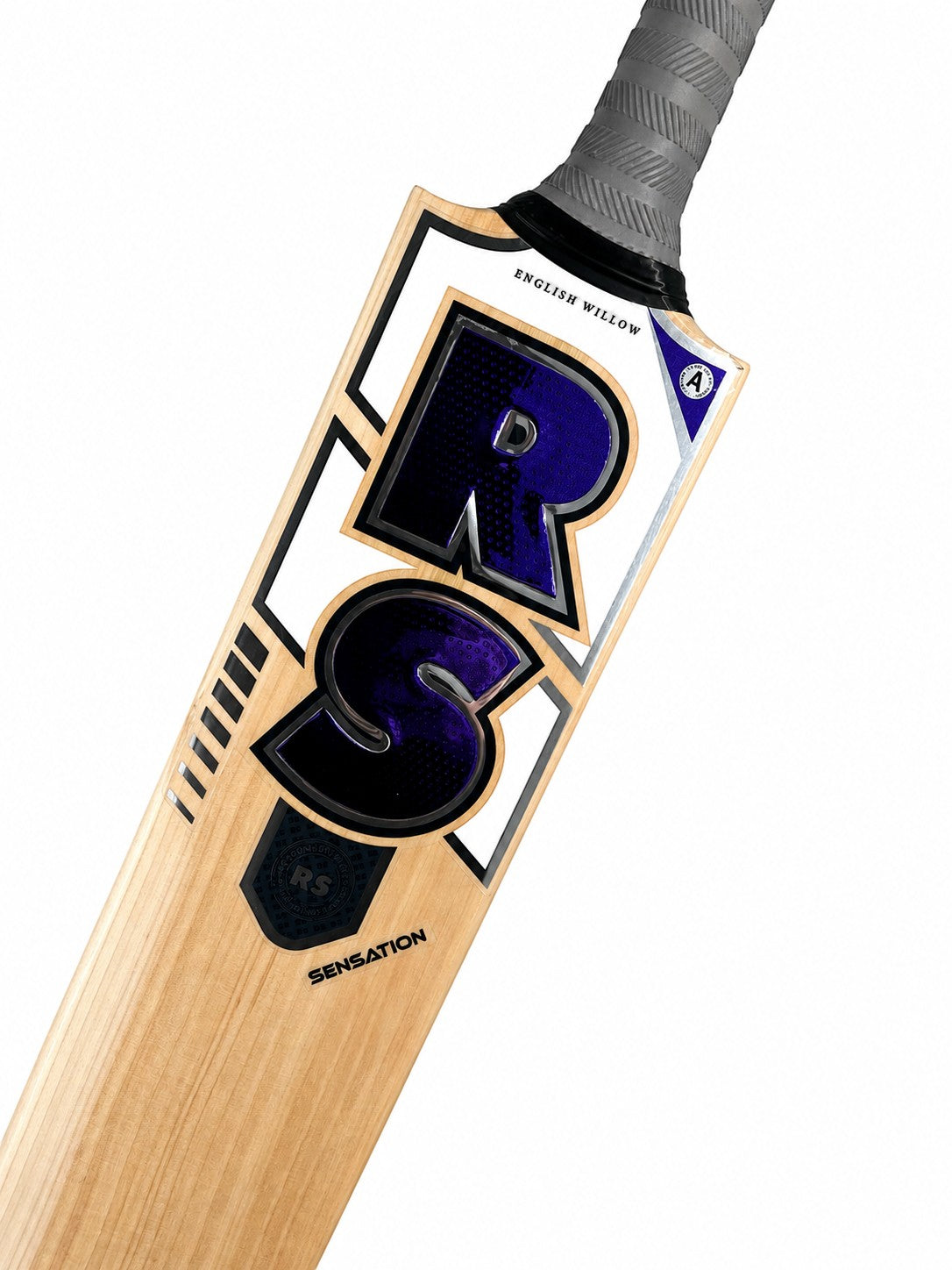 Robinson RS Sensation English willow cricket bat with purple and black branding on a natural wood grain blade
