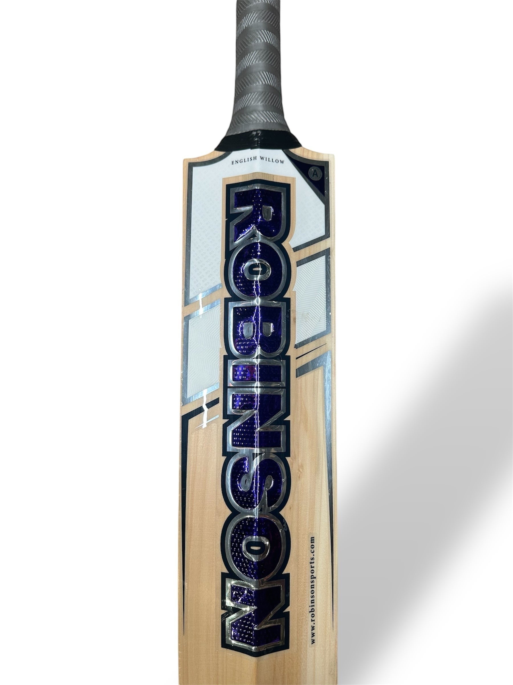 Robinson RS Sensation English willow cricket bat with blue and silver branding and textured grey handle grip