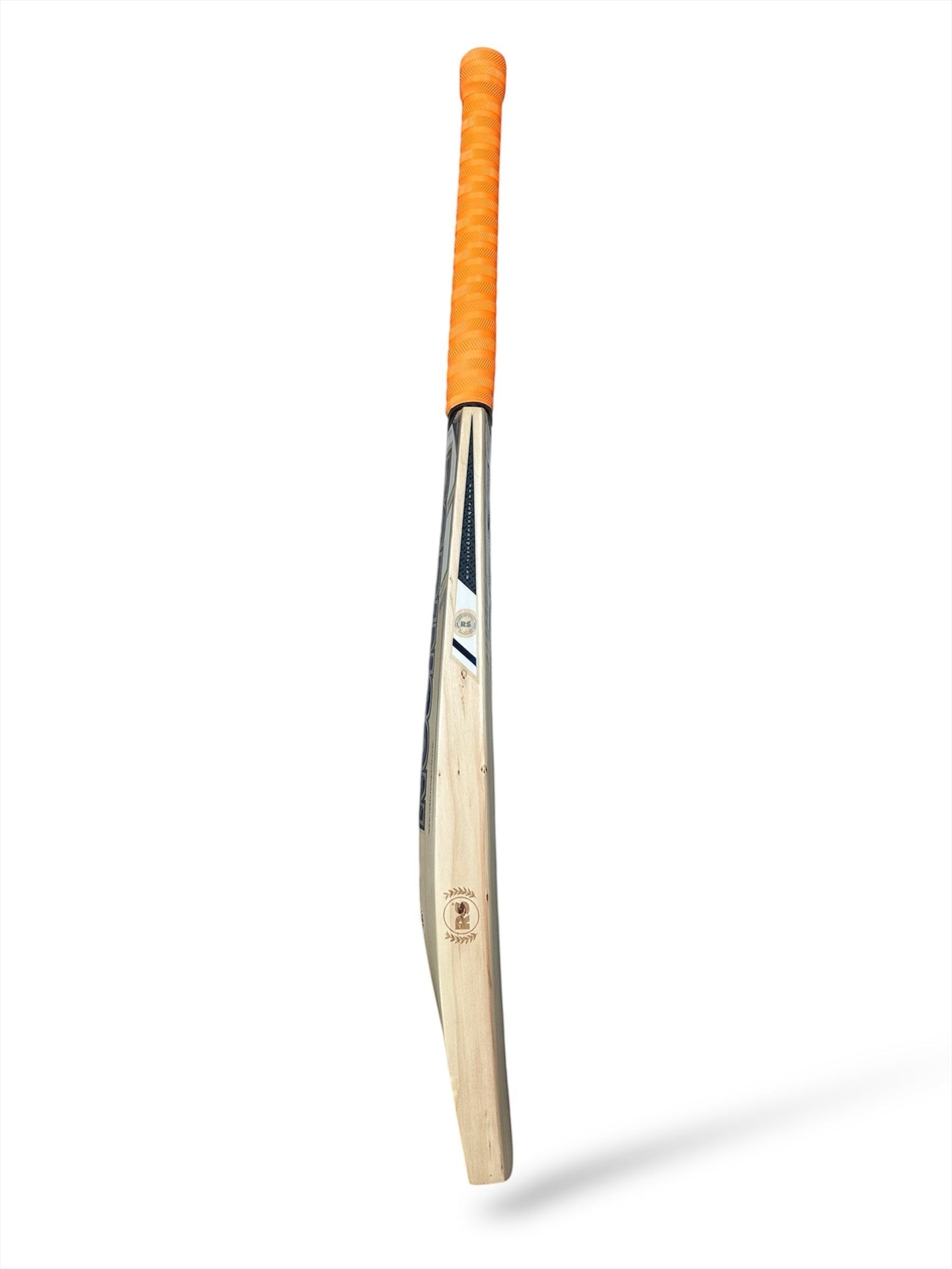 AKS CRICKET RS Signature English willow cricket bat with orange grip, side profile view showing blade geometry