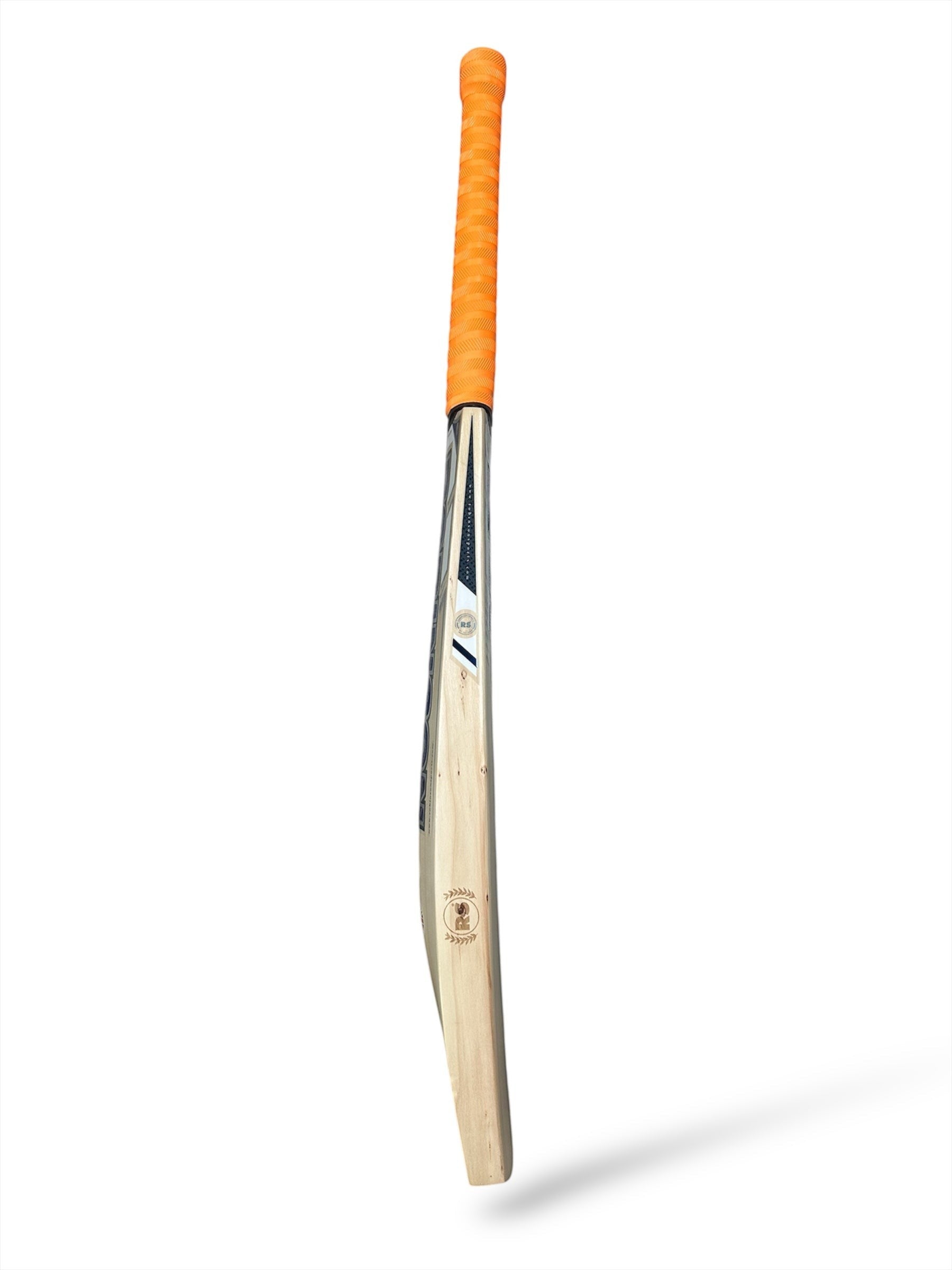 AKS CRICKET RS Signature English willow cricket bat with orange grip, side profile view showing blade geometry