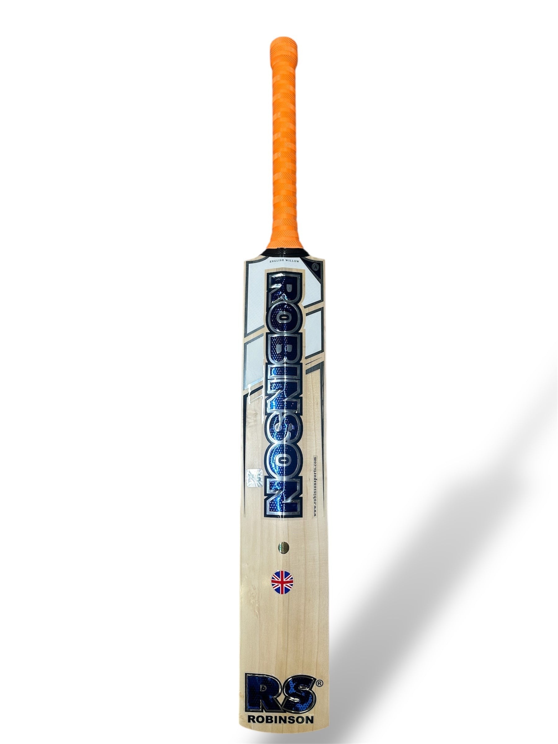 AKS CRICKET RS Signature English willow cricket bat with orange grip and blue branding on a white background