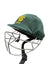 AKS CRICKET Scarborough District Cricket Club green helmet cover with yellow logo on a protective cricket helmet